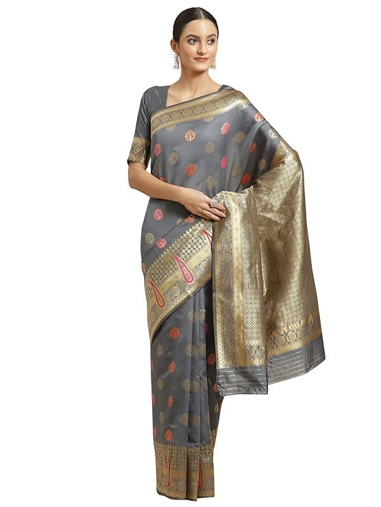 SAREE MALL Women's Grey Silk Blend Floral Printed Saree With Unstitched Blouse (SKRA26009_GIF)