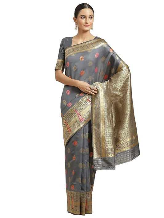 SAREE MALL Women's Grey Silk Blend Floral Printed Saree With Unstitched Blouse (SKRA26009_GIF)