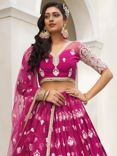 Zeel Clothing Women's Thread Sequins Work Embroidery Net Astonishing Semi-Stitched Lehenga Choli With Dupatta (2134-Pink-Wedding-Women-Lehenga-Choli-Latest; Free Size)