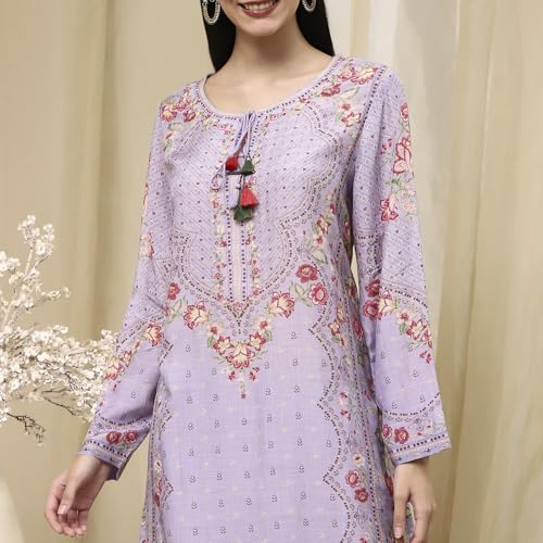 BIBA Women Purple Modal Blend Straight Suit Set_36