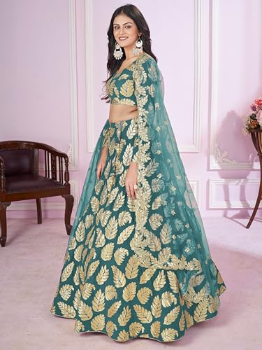 Zeel Clothing Women's Sequins Zari Embroidered Pure Georgette Semi Stitched Lehenga Choli With Dupatta (5120-Teal-Green-Wedding-Stylish-Lehenga-Choli-Latest; Free Size)