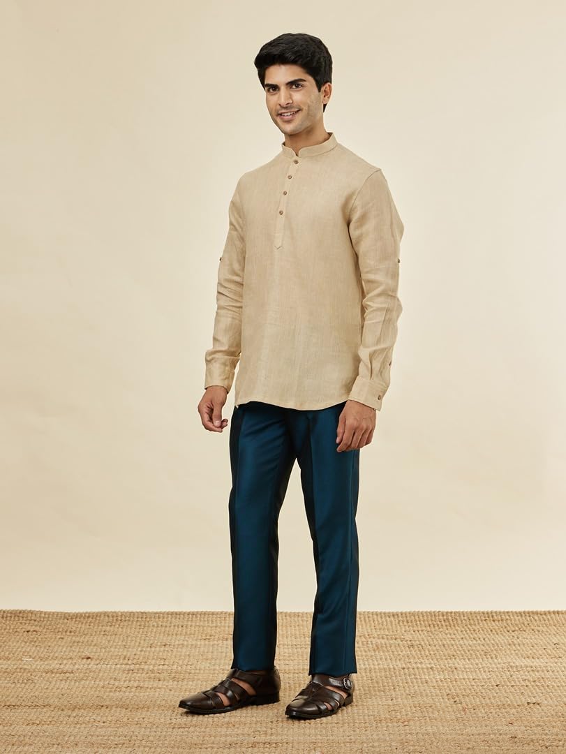 Manyavar Mens Fawn Linen Short Kurta