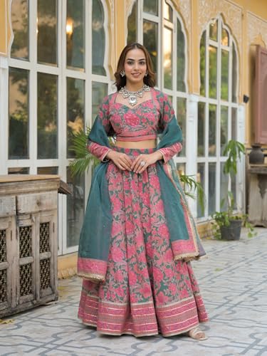 Divena Green Printed Cotton Lehenga with Choli and Dupatta