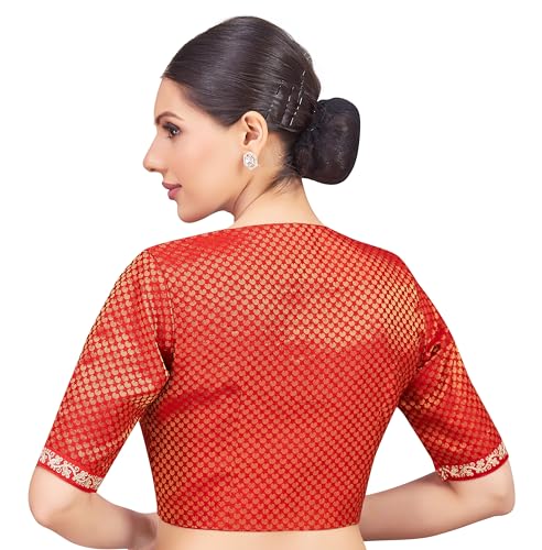 Studio Shringaar Women's Red Brocade Embroidered V-Neck Readymade Saree Blouse (Red, 46)