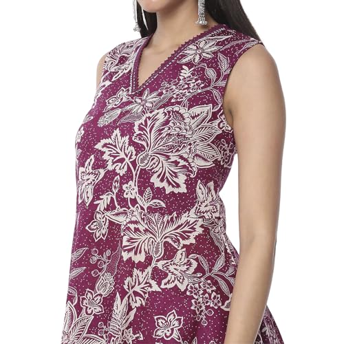 BIBA Women's Berry Purple Cotton Floral Peplum Suit Set