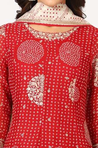 W for Woman Red Bandhej Dot Printed Flared Kurta with Embroidery, Straight Pants and Dupatta Set (Size: XL)-24AUWS11729-124798