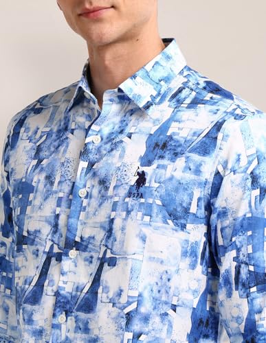 U.S.POLO ASSN. Mens Blue All Over Print Collared Neck Long Sleeve Casual Cotton Regular Fit Shirts (USSHTFX0554_Blue_L)