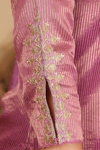 W for Woman Purple Chanderi Lurex Stripe Embroidered Kurta, Pants ad Dupatta Set (Size: XL)-24FEWS19932-313446
