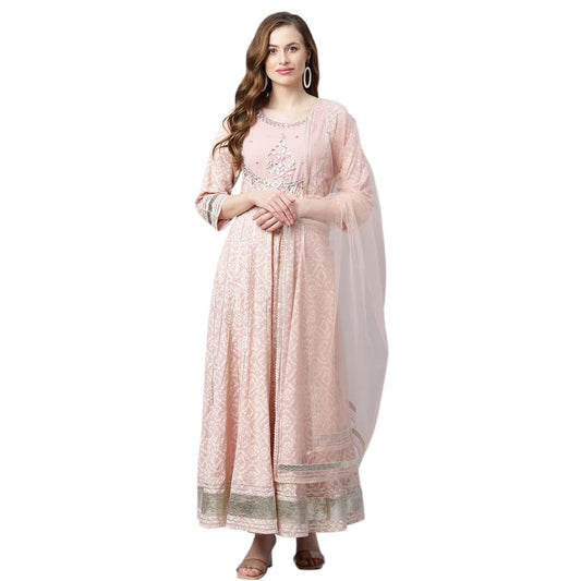 Divena Light Pink Cotton Anarkali Gown Pant set with Net Dupatta