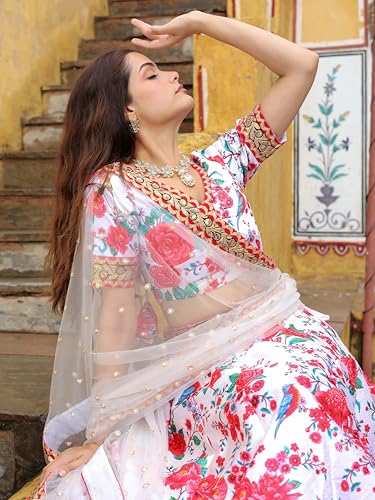 Zeel Clothing Women's Art Silk Digital Print With Dori, Sequins, And Stone Work Art Silk Semi Stitched Lehenga Choli With Dupatta (7512-White-Red-Wedding-Floral-Lehenga-Choli; Free Size)
