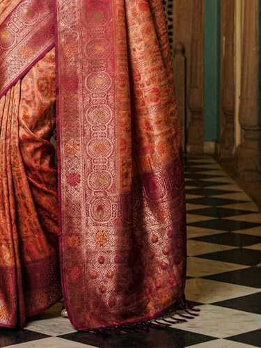 AKHILAM Women's Pink Kanjeevaram Silk Ethnic Motif Printed Saree With Unstitched Blouse Piece (23ALEKHA2303_AI)