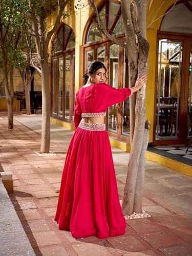 LooknBook Art Women's Lehenga Choli, Vichitra Silk with Embellished Crop Top, Traditional Indian Ethnic Wear (Pink)
