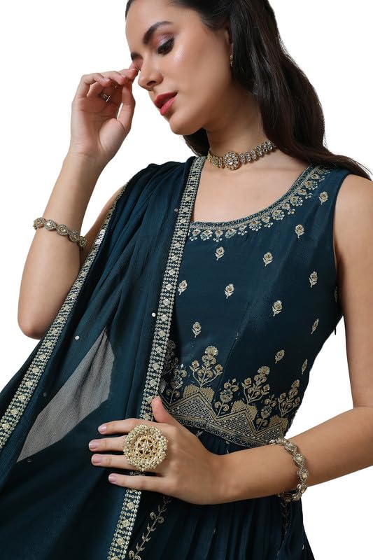 Soch Womens Blue Zari Embroidered Chinon Gown with Stones Work