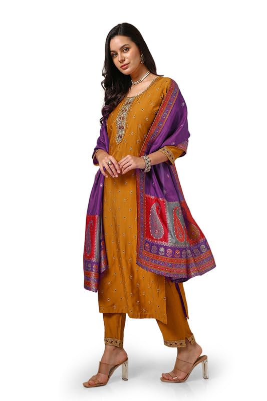 Soch Womens Mustard Silk Blend Embroidered Suit Set With Zardosi