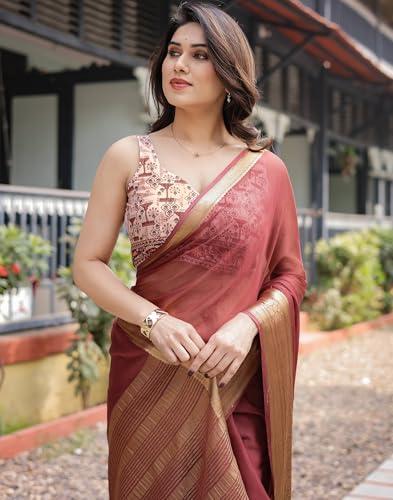 SIRIL Women's Chiffon Jacquard Weaving Saree with Unstitched Blouse Piece (4266S151_Brown)