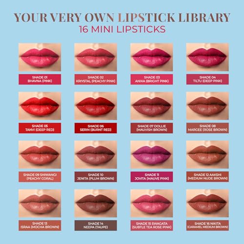 Just Herbs Ayurvedic Creamy Matte Micro Mini Lipstick Kit Lip Hydrating & Moisturizing, Lipsticks for Women Suitable All Indian Tones (Pack of 16)