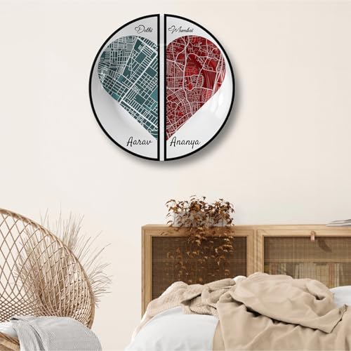Telinchi Personalized Dual City Heart Map Art Plate | Custom Delhi Mumbai Street Map Decorative Plate with Names | Romantic Couple Keepsake Gift for Anniversary Wedding
