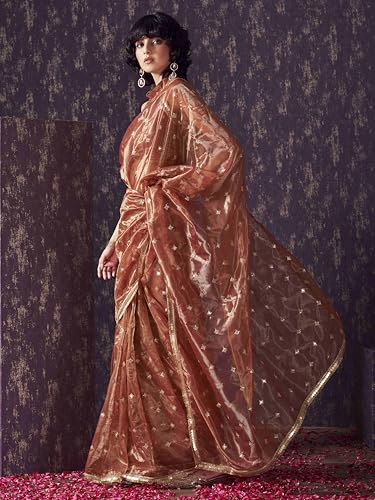 Womanista Women's Net Sequinned Saree (TI6578_Rust)