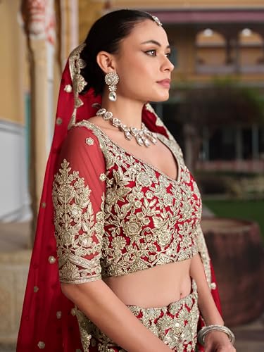 Zeel Clothing Women's Zari Sequins Embroidered Work Soft Net Lehenga Choli With Dupatta (6013-Women-Lehenga-Choli-Latest; Free size) (Yellow) (Red)