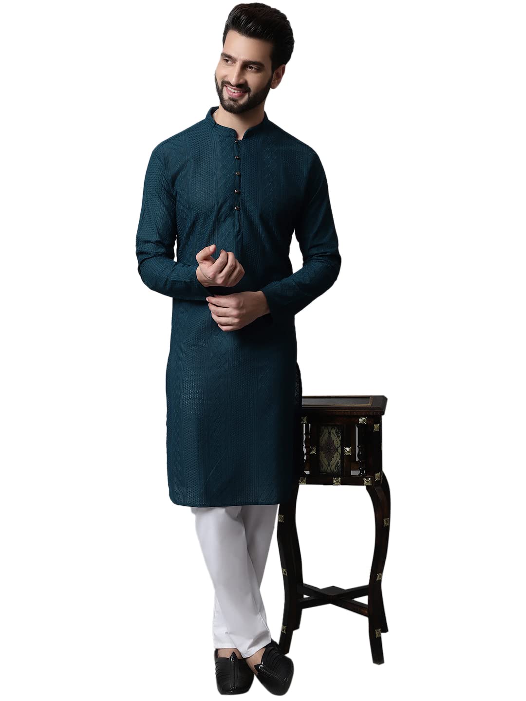 Jompers Men Teal Blue Embroidered Pure Cotton Kurta with Pyjamas (Teal, L)