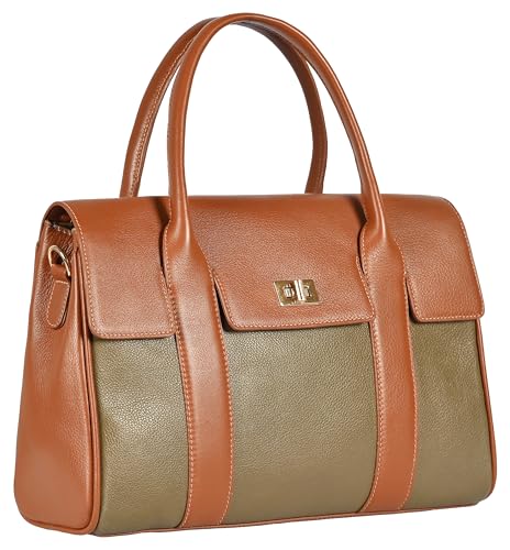 eske Noah Flap Handbag for Women Genuine Leather Satchel with Twist Lock Closure Dual Handles Detachable Sling Strap 1 Compartment Zipper and Slip Pockets Office Purse (Taupe Cognac)