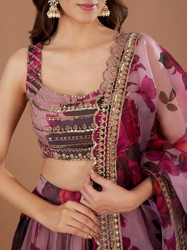 Zeel Clothing Women's Print and Sequins Embroidered Organza Lehenga Choli With Dupatta (7067-Pink-Women-Lehenga-Choli-Set, Free size) (Pink)