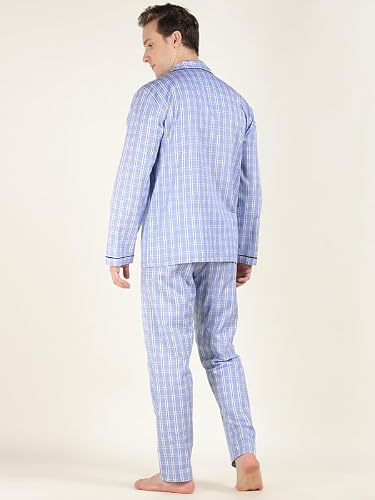 Hancock Men Cotton Checked Relaxed Fit Night Suit Blue Size M
