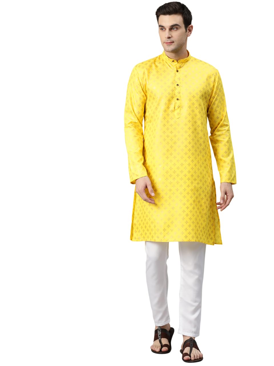 Luxrio Men's Polycotton Geometric Relaxed Kurta Yellow Gold