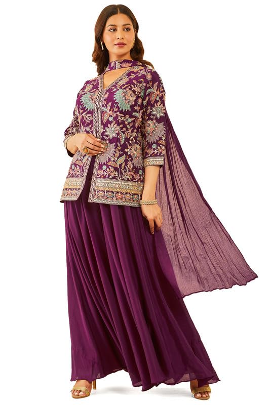 Soch Womens Wine Embroidered Chinon Sharara Suit with Dupatta