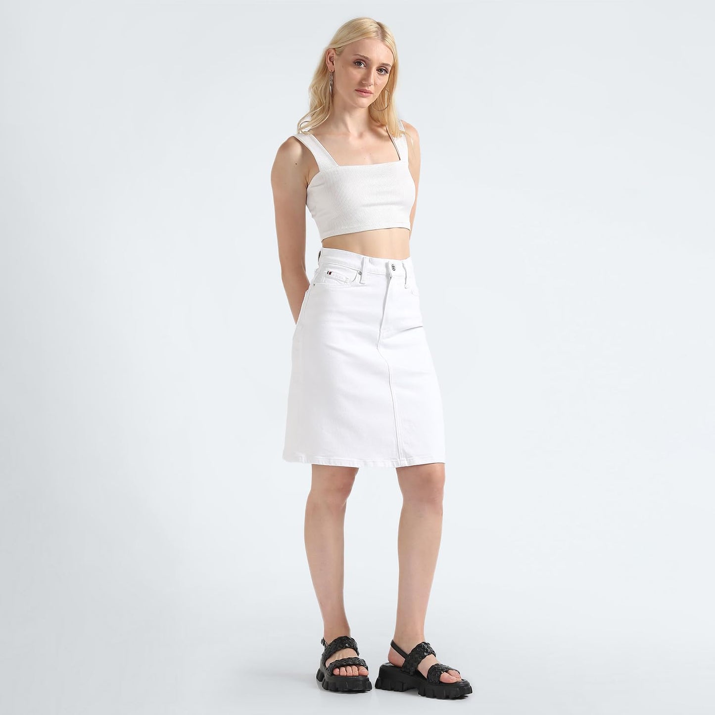 Tommy Hilfiger White Solid Women Denim Skirt (36)
