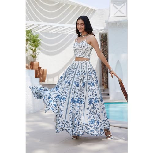BIBA Women Cotton Straight Printed Lehenga Set (SKD9735SS24WHTBLU_White_XXL)