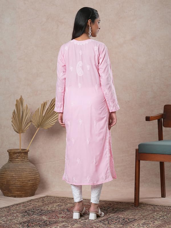 Ada Hand Embroidered Lucknowi Chikankari Cotton Straight Kurta Kurti for Women A411680 Pink (2XL)