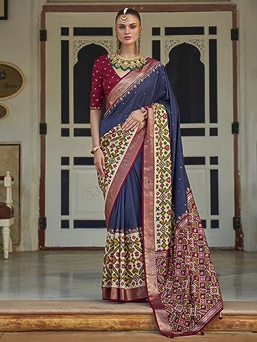 SAREE MALL Women's Ikat Printed Mirror Work Cotton Silk Saree With Unstiched Blouse Piece (Navy Blue_AARIP497D_RW)