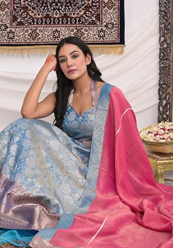 MAHUKAA Women's Kanjeevaram Gown With Dupatta For Festival & Function (Sky Blue & Pink) - Size: Medium