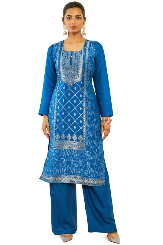Soch Womens Blue Silk Unstitched Dress Material With Zari Woven Floral Designs And Embroidery