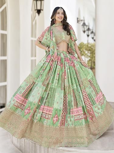AG Clothing Women's Digital Print With Zari Dori Embroidery Work Chinnon Silk Lehenga Choli With Dupatta (ZC-Queen-7050-Green-Women-Lehenga-Choli-New; Free size)