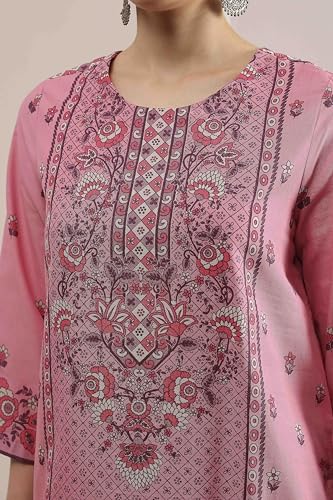Biba Women's Light Pink Cotton Straight Printed Suit Set