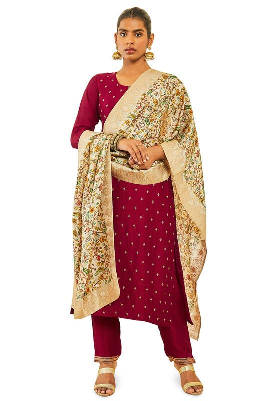 Soch Womens Maroon Silk Blend Embroidered Suit Set with Zari Woven Dupatta
