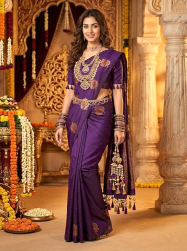 VFCollections Women's Kanchipuram Silk Pure Pattu Sarees- No Border/Zero Border - Teen & Mid age With Blouse (VFC263-9)