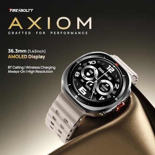 Fire-Boltt Axiom Round Smart Watch 1.43″ Super AMOLED Display with Always‑On Mode, Bluetooth Calling, Rotating Crown, SPO₂ & Heart Rate Monitor, IP67 Waterproof Silicone Smartwatch for Men - White