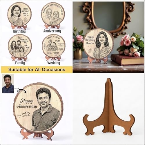 Natural Wooden Slice Photo Frame | 6 Inch Custom Photo Gift Item | Laser Engraved Natural Wood Slice with Stand | Handmade Personalized Gift for Wedding