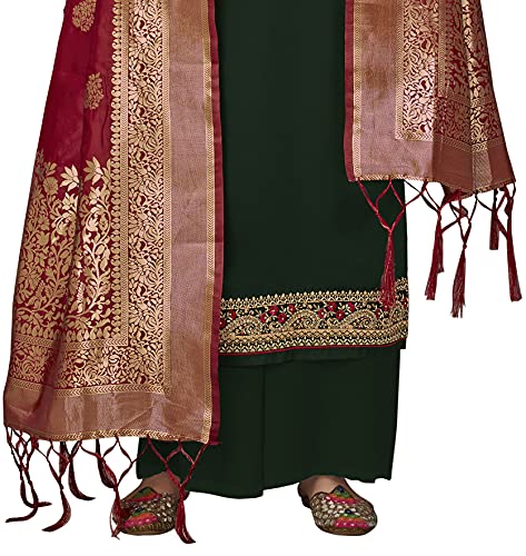 VUBA Satin Suit For Women's Embroidered Semi Stitched Top With Unstitched Santoon Bottom and Pure Woven Banarasi Dupatta Straight Kurta Dress Material (Pakistani Salwar Suit) Green