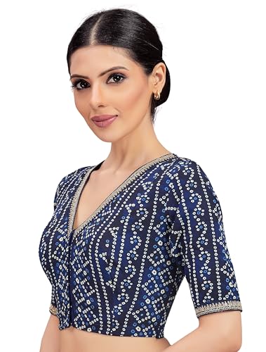 Studio Shringaar Women's Bandhni Printed & Embroidered Saree Blouse with Elbow Length Sleeves (Navy Blue, 44)