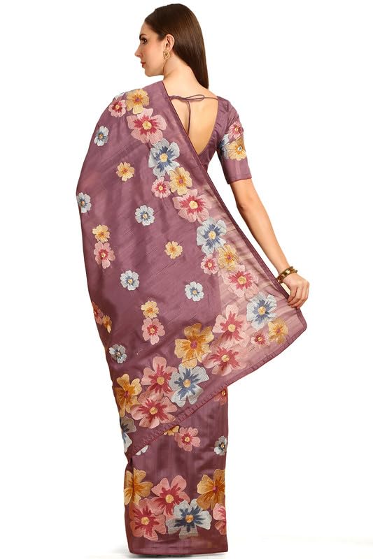 Soch Womens Purple Floral Embroidered Tussar Saree