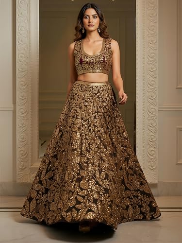 Zeel Clothing Women's Sequins Embroidered Soft Net Lehenga Choli With Dupatta (5106-Brown-Womens-Lehenga-Choli-Latest; Free size) (Brown)