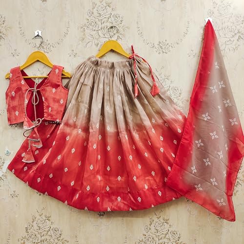 Kidsella Girls Soft Silk Printed Lehenga Choli Set | Kids Readymade Ethnic Wear | Girls Traditional Dress (Red, 3-4 Years)