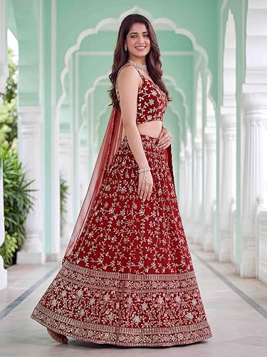 Zeel Clothing Women's Zari and Sequins Embroidered Georgette Lehenga Choli With Dupatta (5058-Red-Women-Latest-Lehenga-Choli, Free size)