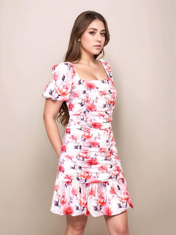 Zink London Women's White & Red Floral Prints Slim Fit Knee-Length Dress