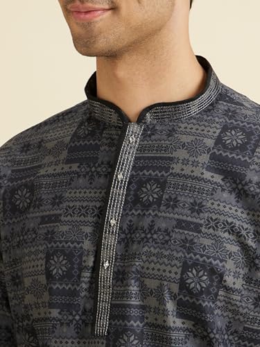 Manyavar Men's Cotton Blend Printed Short Kurta(Dark Grey,XXXL)