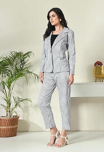 OFFICE PURPLE Women Printed Blazer Pant Set- Women's Casual Office Business 3-Piece Printed Suit, Single-Breastered Blazer Camisole and Pant Set (Black and White, M)